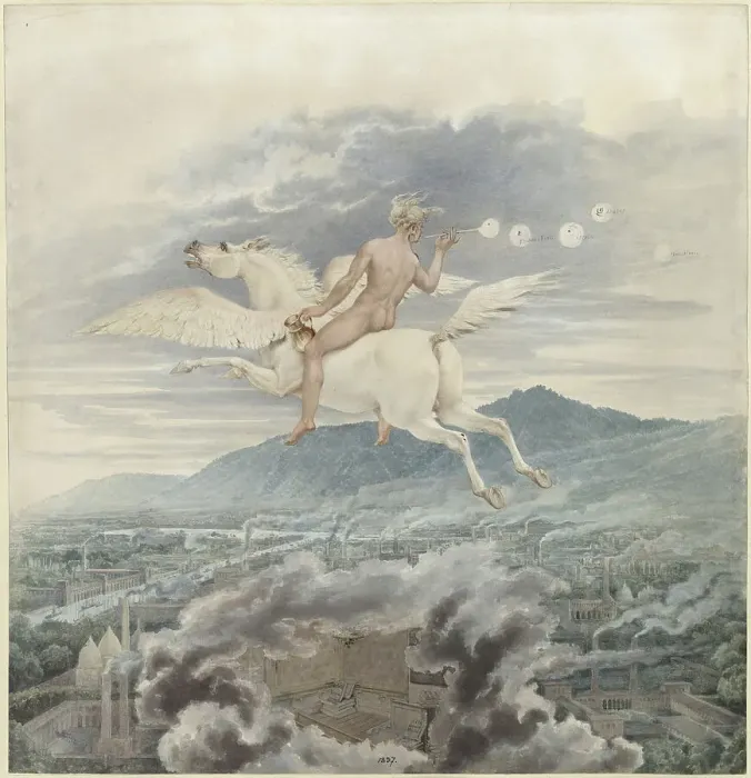 Framed Print : Female figure (blowing bubbles), as allegory of Christian Peter Wilhelm Beuth, riding Pega... 1837. Creator: Schinkel; Karl Friedrich (1781-1841) Framed Print : Female figure (blowing bubbles), as allegory of Christian Peter Wilhelm Beuth, riding Pega... 1837. Creator: Schinkel; Karl Friedrich (1781-1841)