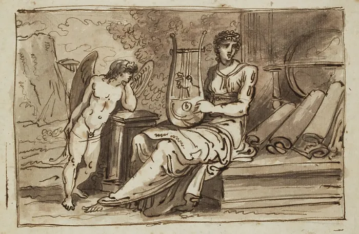 Framed Print : Female Figure (Geography?) with a Lyre, Globe, Maps, and Cupid, between 1758 and 1823. Creator: Felice Giani Framed Print : Female Figure (Geography?) with a Lyre, Globe, Maps, and Cupid, between 1758 and 1823. Creator: Felice Giani