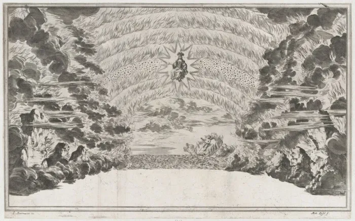 Framed Print : A female figure in glory at center, surrounded by burning rocks; below Cupid sailing on a... 1668. Creator: Mathaus Küsel Framed Print : A female figure in glory at center, surrounded by burning rocks; below Cupid sailing on a... 1668. Creator: Mathaus Küsel
