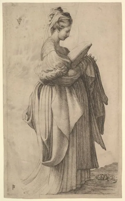 Framed Print : Female Figure holding a Cushion, 1643. Creator: Monogrammist VCP Framed Print : Female Figure holding a Cushion, 1643. Creator: Monogrammist VCP