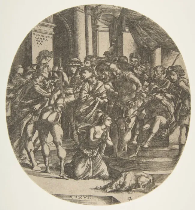 Framed Print : Female figure (Saint Catherine?) kneeling on the ground at center pleading to a male Framed Print : Female figure (Saint Catherine?) kneeling on the ground at center pleading to a male