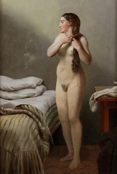 Framed Print : A female figure, standing by a bed, combs her hair, early-mid 19th century. Creator: CW Eckersberg Framed Print : A female figure, standing by a bed, combs her hair, early-mid 19th century. Creator: CW Eckersberg