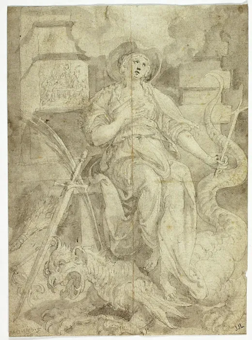 Framed Print : Female Figure Standing on a Dragon, n.d. Creator: Martin de Vos Framed Print : Female Figure Standing on a Dragon, n.d. Creator: Martin de Vos