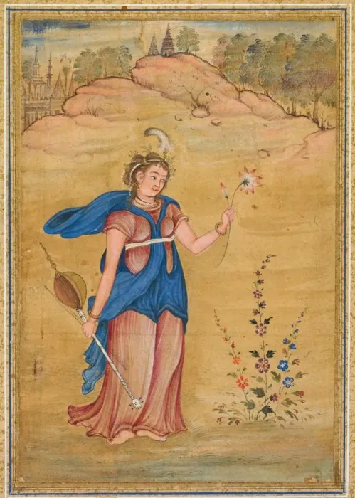 Framed Print : A female figure standing in a landscape holding a four-stringed khuuchir and a lotus Framed Print : A female figure standing in a landscape holding a four-stringed khuuchir and a lotus