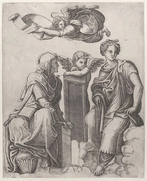 Two female figures seated in the clouds flanking an angel and another flying above