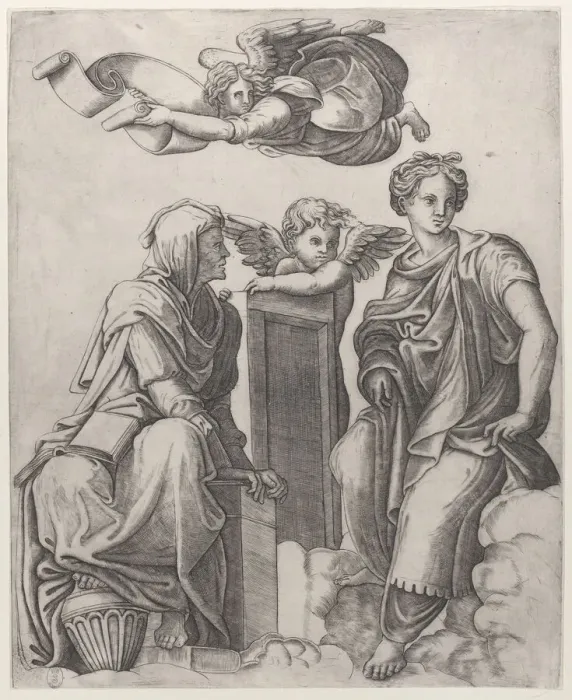 Framed Print : Two female figures seated in the clouds flanking an angel and another flying above Framed Print : Two female figures seated in the clouds flanking an angel and another flying above