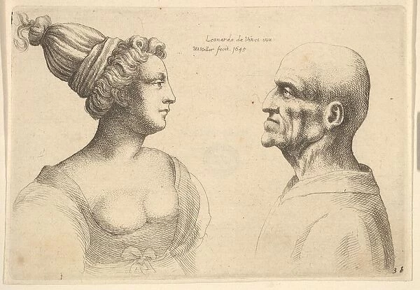 A female with hair tied back and a bald male facing each other, 1645