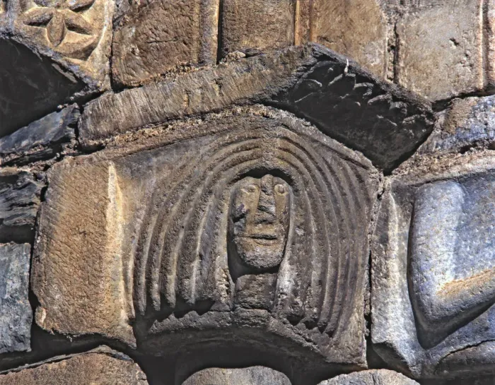 Framed Print : Female Head, capital of the facade of the church of San Luis de Alos d Aneu Framed Print : Female Head, capital of the facade of the church of San Luis de Alos d Aneu