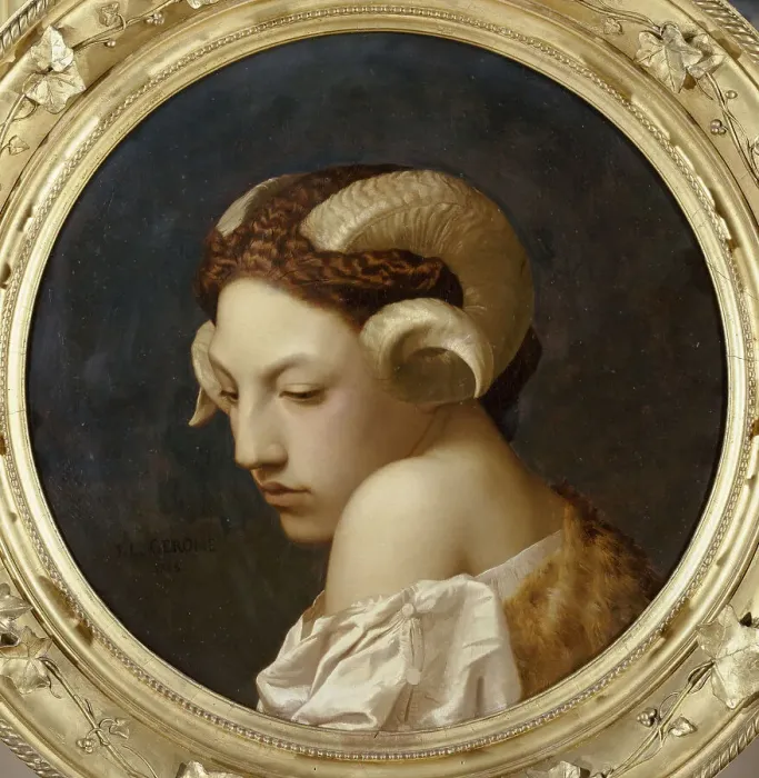 Framed Print : Female head crowned with ram horns Framed Print : Female head crowned with ram horns