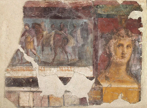 Female herm and fragment with Iliad scene, 1st century. Creator: Roman-Pompeian wall painting