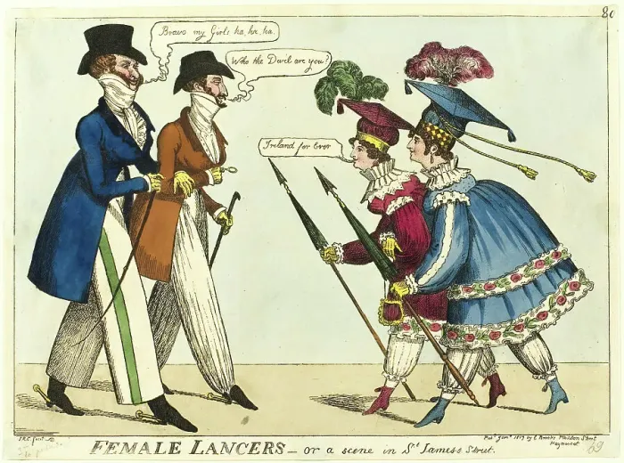Framed Print : Female Lancers - or A Scene in St. James's Street, published January, 1819. Creator: Isaac Robert Cruikshank Framed Print : Female Lancers - or A Scene in St. James's Street, published January, 1819. Creator: Isaac Robert Cruikshank