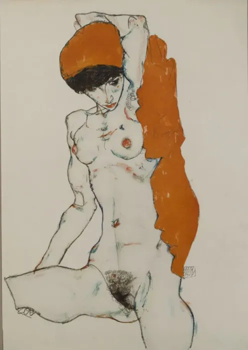 Framed Print : Female nude with orange-red cloth, 1914. Artist: Schiele, Egon (1890-1918) Framed Print : Female nude with orange-red cloth, 1914. Artist: Schiele, Egon (1890-1918)