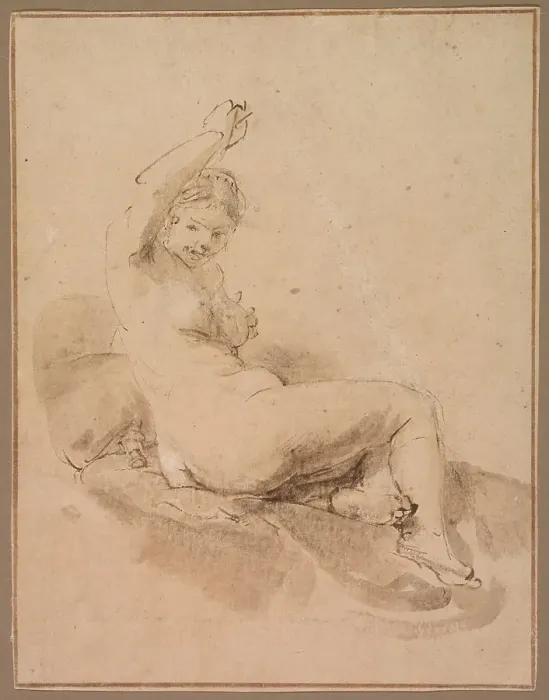 Framed Print : Female Nude Reclining with Arm Raised, c.1665. Creator: Aert de Gelder Framed Print : Female Nude Reclining with Arm Raised, c.1665. Creator: Aert de Gelder