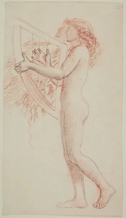 Framed Print : Female nude - study of a figure holding a harp, facing left, 1864. Creator: Sir Edward Coley Burne-Jones Framed Print : Female nude - study of a figure holding a harp, facing left, 1864. Creator: Sir Edward Coley Burne-Jones