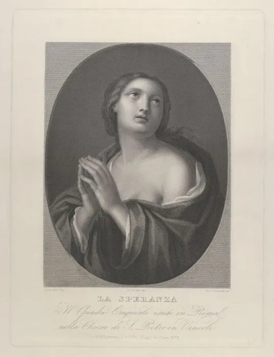 Framed Print : Female personification of Hope looking up with hands held together and left shoulde Framed Print : Female personification of Hope looking up with hands held together and left shoulde