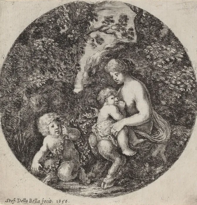 Framed Print : Female Satyr Nursing a Child in a Wooded Landscape, 1656. Creator: Stefano della Bella Framed Print : Female Satyr Nursing a Child in a Wooded Landscape, 1656. Creator: Stefano della Bella