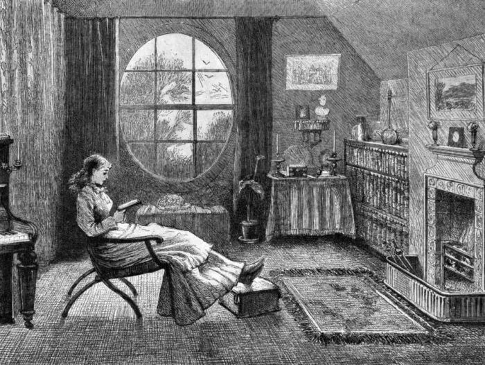 Framed Print : A female student at Cambridge University, 1873 (1951) Framed Print : A female student at Cambridge University, 1873 (1951)
