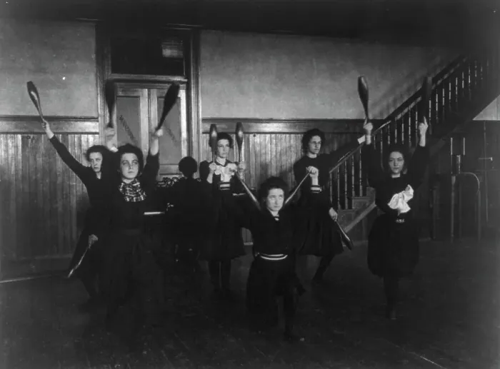 Framed Print : Female students exercising with bowling pins, Western High School, Washington, D.C. (1899?). Creator: Frances Benjamin Johnston Framed Print : Female students exercising with bowling pins, Western High School, Washington, D.C. (1899?). Creator: Frances Benjamin Johnston