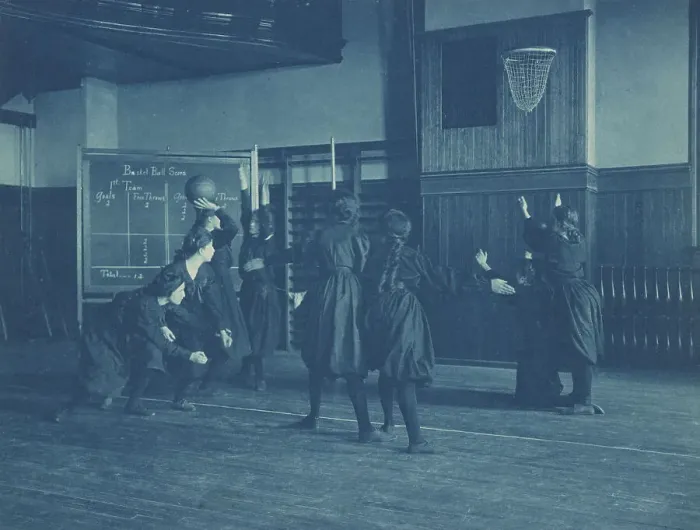 Framed Print : Female students playing basketball, Western High School, Washington, D.C. (1899?). Creator: Frances Benjamin Johnston Framed Print : Female students playing basketball, Western High School, Washington, D.C. (1899?). Creator: Frances Benjamin Johnston