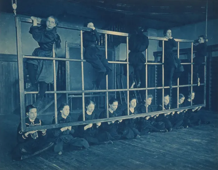 Framed Print : Female students posing with exercise equipment in a gymnasium, Western... Washington DC, (1899?). Creator: Frances Benjamin Johnston Framed Print : Female students posing with exercise equipment in a gymnasium, Western... Washington DC, (1899?). Creator: Frances Benjamin Johnston