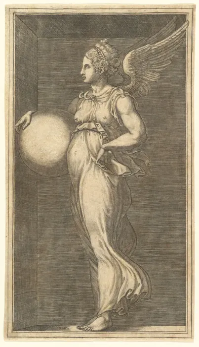 Framed Print : Female Winged Allegorical Figure Holding a Sphere, 1558 / 1559. Creator: Giorgio Ghisi Framed Print : Female Winged Allegorical Figure Holding a Sphere, 1558 / 1559. Creator: Giorgio Ghisi