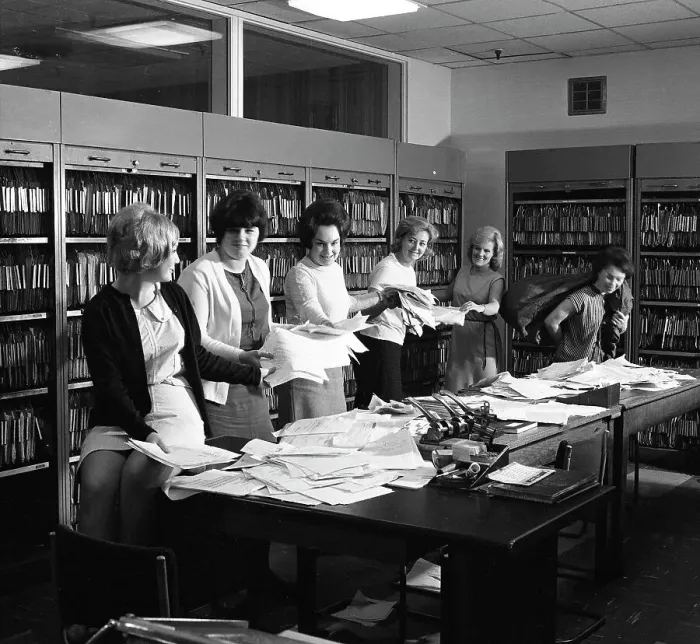 Framed Print : Female workers in the filing and postal room, Stanley Tools works, Sheffield, South Yorkshire, 1967 Framed Print : Female workers in the filing and postal room, Stanley Tools works, Sheffield, South Yorkshire, 1967