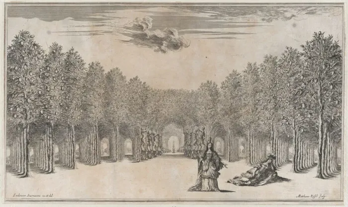 Framed Print : Two females in the foreground, one standing the other reclining, surrounded by tree-lined... 1668. Creator: Mathaus Küsel Framed Print : Two females in the foreground, one standing the other reclining, surrounded by tree-lined... 1668. Creator: Mathaus Küsel