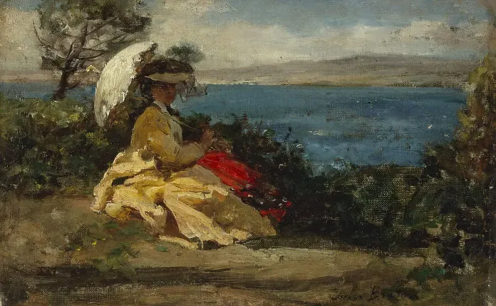 Framed Print : Femme à l'ombrelle, baie de Douarnenez, between 1870 and 1875. Creator: Jules Breton Framed Print : Femme à l'ombrelle, baie de Douarnenez, between 1870 and 1875. Creator: Jules Breton