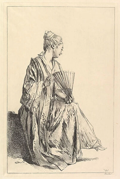 Femme assise, de profil adroite, jouant de l eventail, 1720-70
