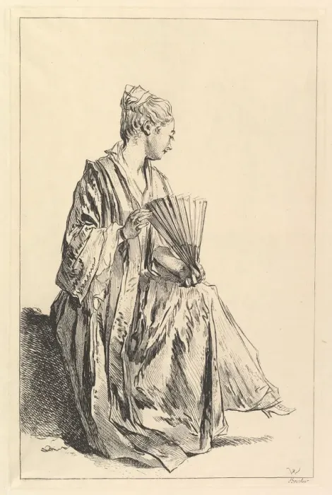 Framed Print : Femme assise, de profil adroite, jouant de l eventail, 1720-70 Framed Print : Femme assise, de profil adroite, jouant de l eventail, 1720-70