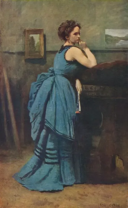 Framed Print : Femme en bleu, 1874, (1939). Artist: Jean-Baptiste-Camille Corot Framed Print : Femme en bleu, 1874, (1939). Artist: Jean-Baptiste-Camille Corot