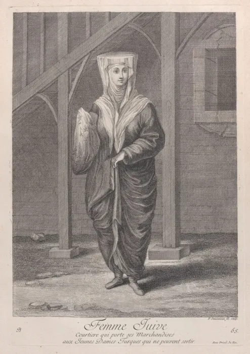 Framed Print : Femme Juive, Courtiere qui porte ses Marchandises aux Juenes Dames Turques qui ne peuve