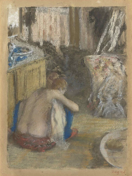Femme nue, accroupie, vue de dos (Nude Woman Squatting, from behind), c. 1876. Creator: Degas