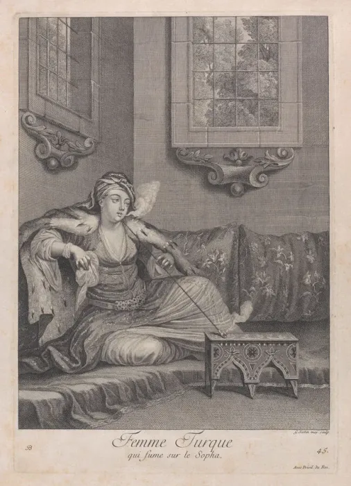 Framed Print : Femme Turque, qui fume sur le Sopha, 1714-15. Creator: Unknown Framed Print : Femme Turque, qui fume sur le Sopha, 1714-15. Creator: Unknown