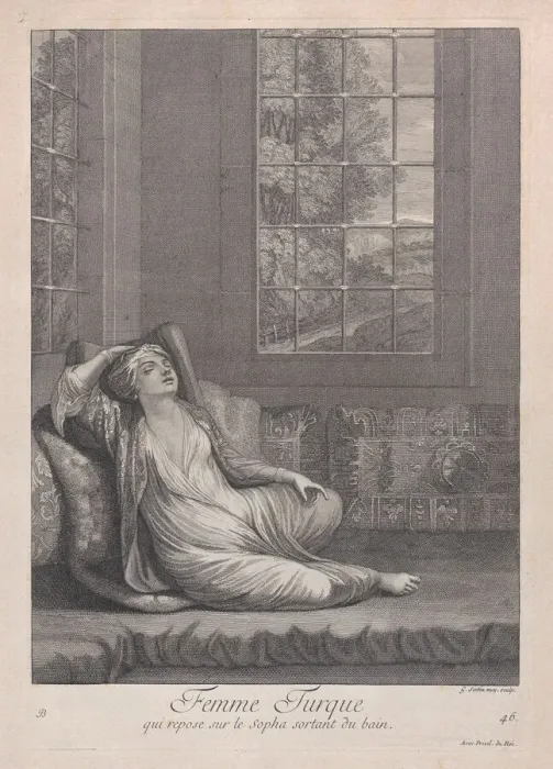 Framed Print : Femme Turque, qui repose sur le Sopha sortant du bain, 1714-15. Creator: Unknown Framed Print : Femme Turque, qui repose sur le Sopha sortant du bain, 1714-15. Creator: Unknown