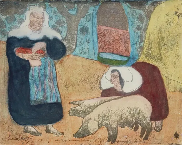 Framed Print : Femmes au porcs (Women with Pigs), 1889. Creator: Emile Bernard Framed Print : Femmes au porcs (Women with Pigs), 1889. Creator: Emile Bernard