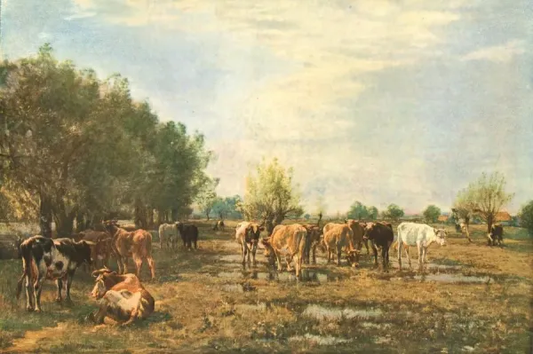 Fen Meadows/Mark Fisher、牧場/マーク・フィッシャー Fen Meadows with Cattle Print, 1877 (c1930) by Mark Fisher. Art