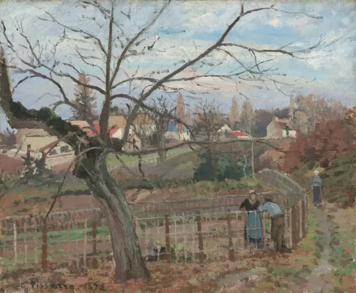 Framed Print : The Fence, 1872. Creator: Camille Pissarro Framed Print : The Fence, 1872. Creator: Camille Pissarro
