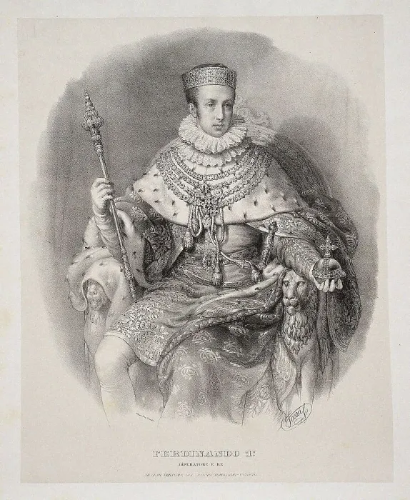 Framed Print : Ferdinand I in coronation robe as King of Lombardy-Venetia, 1838. Creator: Sanquirico, Alessandro (1777-1849) Framed Print : Ferdinand I in coronation robe as King of Lombardy-Venetia, 1838. Creator: Sanquirico, Alessandro (1777-1849)