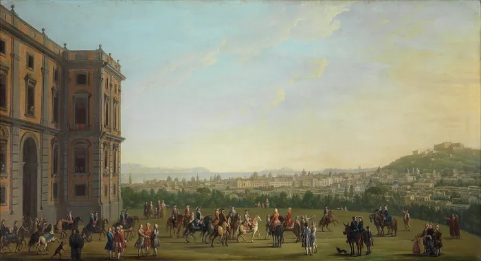 Framed Print : Ferdinand IV on Horseback with the Court at Capodimonte, 1760. Creator: Joli, Antonio (1700-1777) Framed Print : Ferdinand IV on Horseback with the Court at Capodimonte, 1760. Creator: Joli, Antonio (1700-1777)