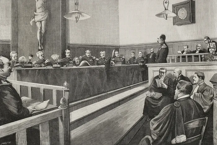 Framed Print : Ferdinand Walsin Esterhazy is tried before a military court, 10 January 1898. Creator: Benigno Matute Parga Framed Print : Ferdinand Walsin Esterhazy is tried before a military court, 10 January 1898. Creator: Benigno Matute Parga