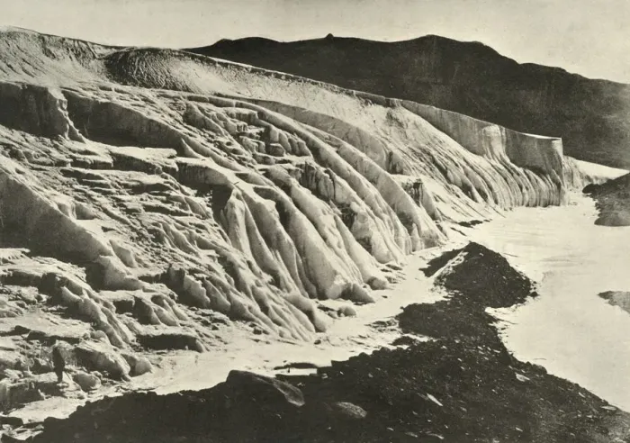 Framed Print : Side of Ferrar Glacier. Figure of Man in Lower Left Corner, c1908, (1909) Framed Print : Side of Ferrar Glacier. Figure of Man in Lower Left Corner, c1908, (1909)