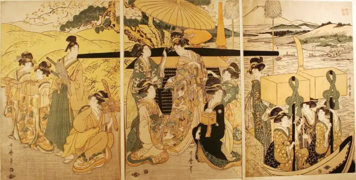 Framed Print : At the Ferry Boat Landing, Japan, c. 1804. Creator: Kitagawa Utamaro Framed Print : At the Ferry Boat Landing, Japan, c. 1804. Creator: Kitagawa Utamaro