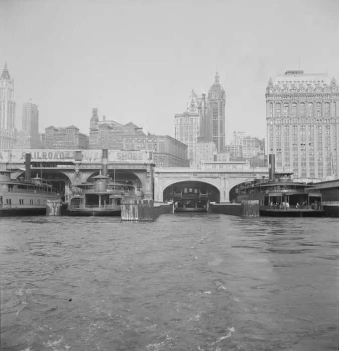 Framed Print : Ferry boats still make train connections which transports passengers in... of New York City, 1939. Creator: Dorothea Lange Framed Print : Ferry boats still make train connections which transports passengers in... of New York City, 1939. Creator: Dorothea Lange