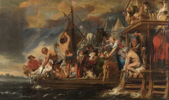 Framed Print : A Ferry Departs as St Peter Finds a Coin in the Mouth of a Fish, c.1621-c.1650. Creator: Workshop of Jacques Jordaens Framed Print : A Ferry Departs as St Peter Finds a Coin in the Mouth of a Fish, c.1621-c.1650. Creator: Workshop of Jacques Jordaens