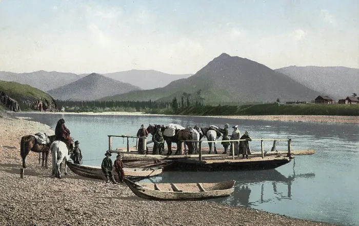 Framed Print : Ferry on the Katun River near the Village of Nizhny Uymon, 1911-1913. Creator: Sergei Ivanovich Borisov Framed Print : Ferry on the Katun River near the Village of Nizhny Uymon, 1911-1913. Creator: Sergei Ivanovich Borisov