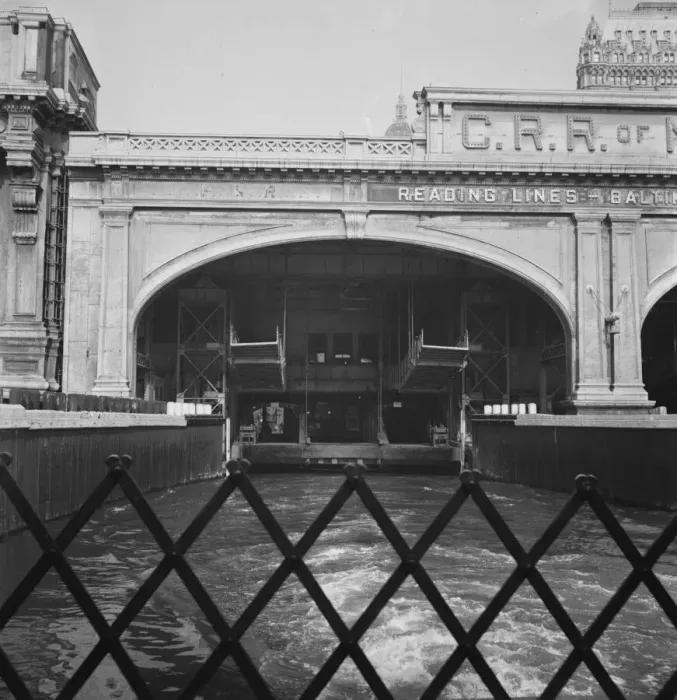 Framed Print : Ferry slip seen from ferry which transports passengers across the Hudson... New York City, 1939. Creator: Dorothea Lange Framed Print : Ferry slip seen from ferry which transports passengers across the Hudson... New York City, 1939. Creator: Dorothea Lange