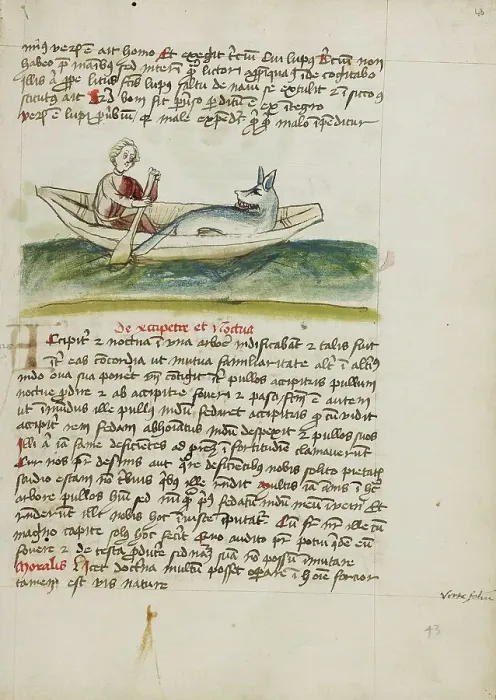 Framed Print : A Ferryman with a Wolf in a Boat; Fables, third quarter of 15th century. Creator: Unknown Framed Print : A Ferryman with a Wolf in a Boat; Fables, third quarter of 15th century. Creator: Unknown