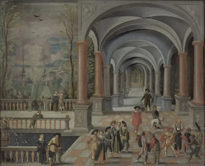 Framed Print : Festive Gathering and Figures from a Commedia dell'Arte in a Gallery, 1634. Creator: Monogrammist DB Framed Print : Festive Gathering and Figures from a Commedia dell'Arte in a Gallery, 1634. Creator: Monogrammist DB