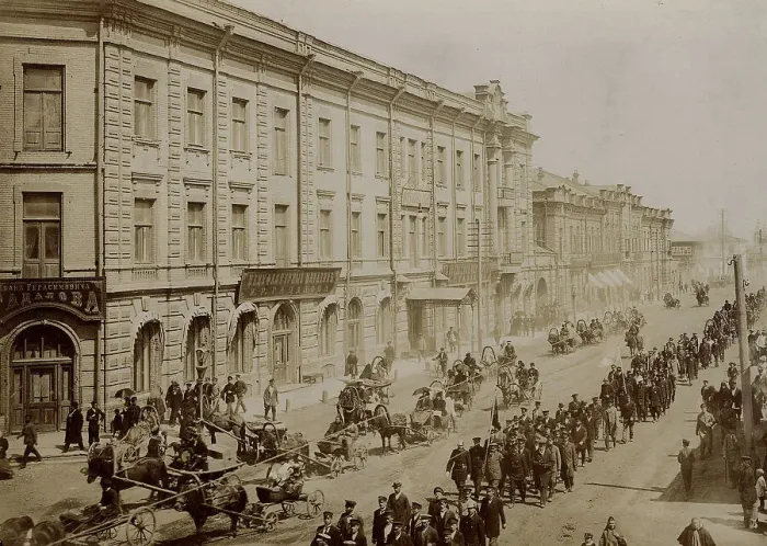 Framed Print : Festive procession of firefighters along Bolshaya Street in Krasnoyarsk, 1902. Creator: Unknown Framed Print : Festive procession of firefighters along Bolshaya Street in Krasnoyarsk, 1902. Creator: Unknown